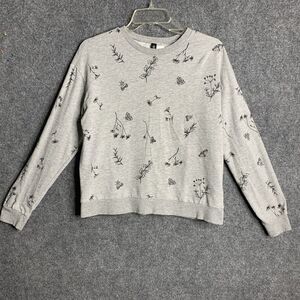 Divided H&M  Long Sleeve Tee Women S Botanical Design Gray Black Crew Neck
